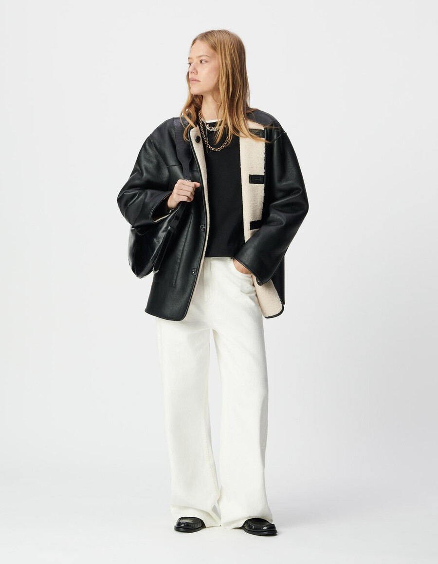 cappotto reversibile in sherpa nero ed écru da donna