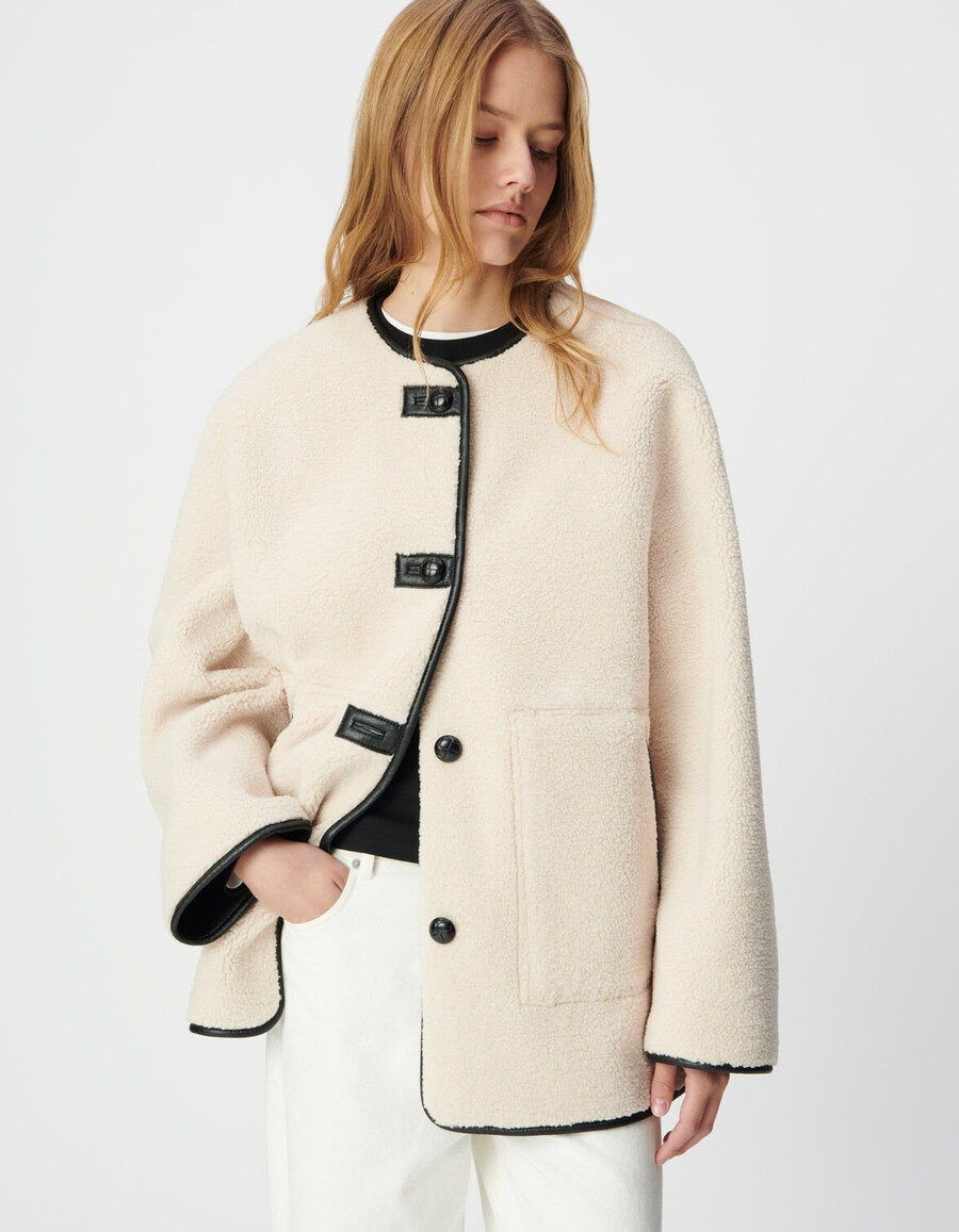 cappotto reversibile in sherpa nero ed écru da donna