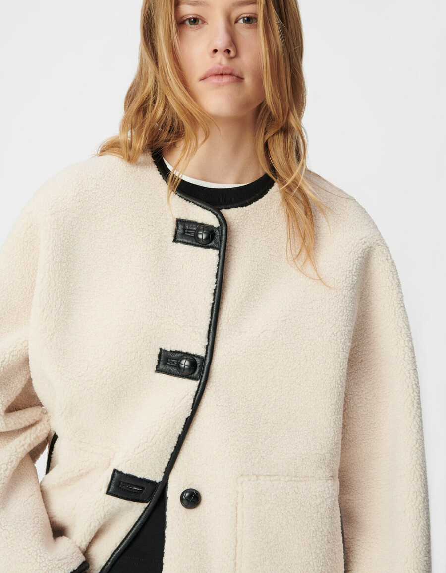 cappotto reversibile in sherpa nero ed écru da donna