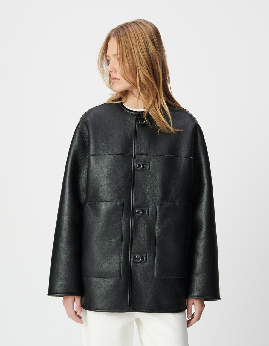 cappotto reversibile in sherpa nero ed écru da donna