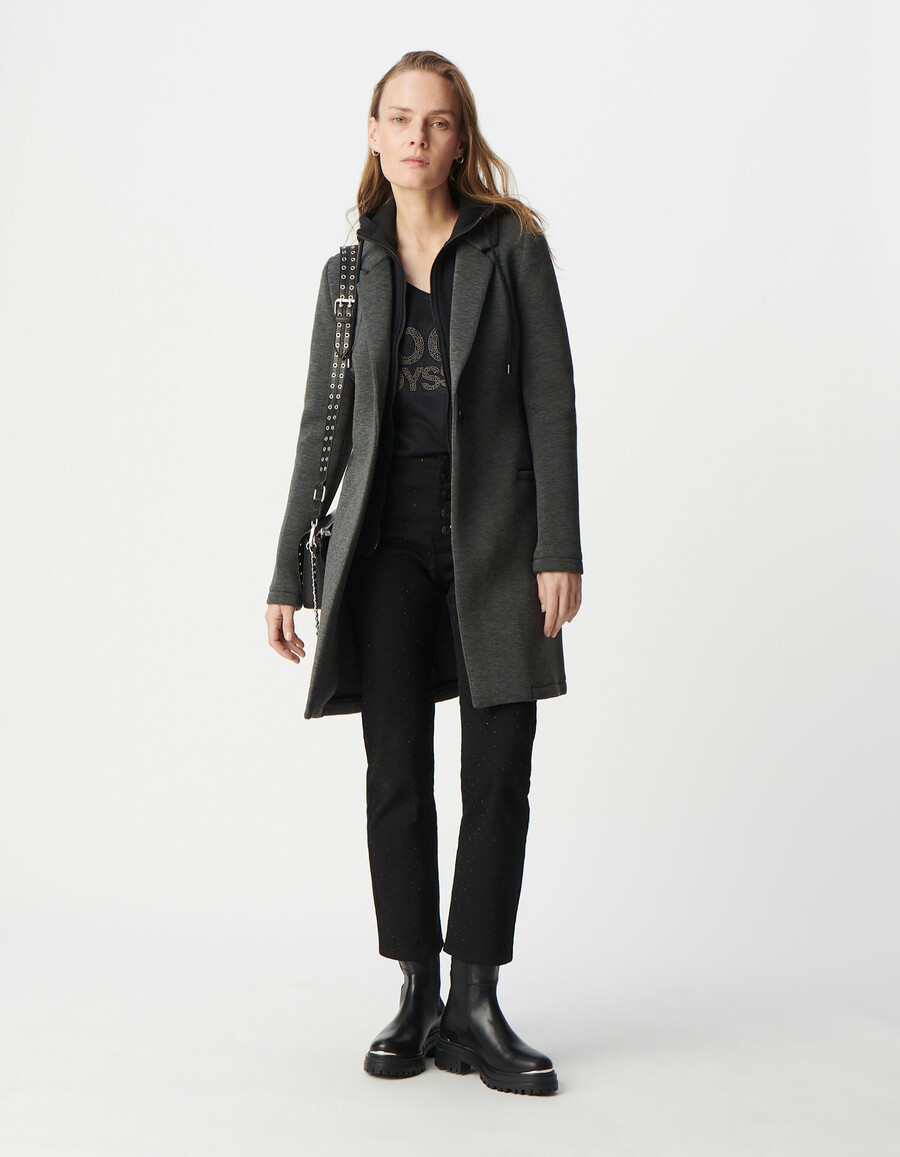 cappotto in neoprene grigio da donna con cappuccio rimovibile