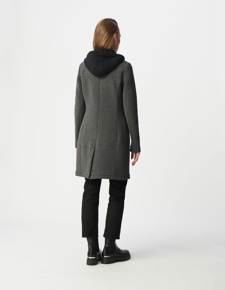 cappotto in neoprene grigio da donna con cappuccio rimovibile