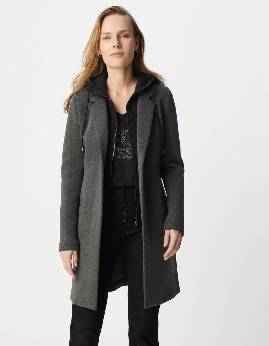 cappotto in neoprene grigio da donna con cappuccio rimovibile