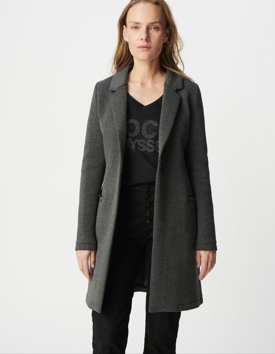 cappotto in neoprene grigio da donna con cappuccio rimovibile