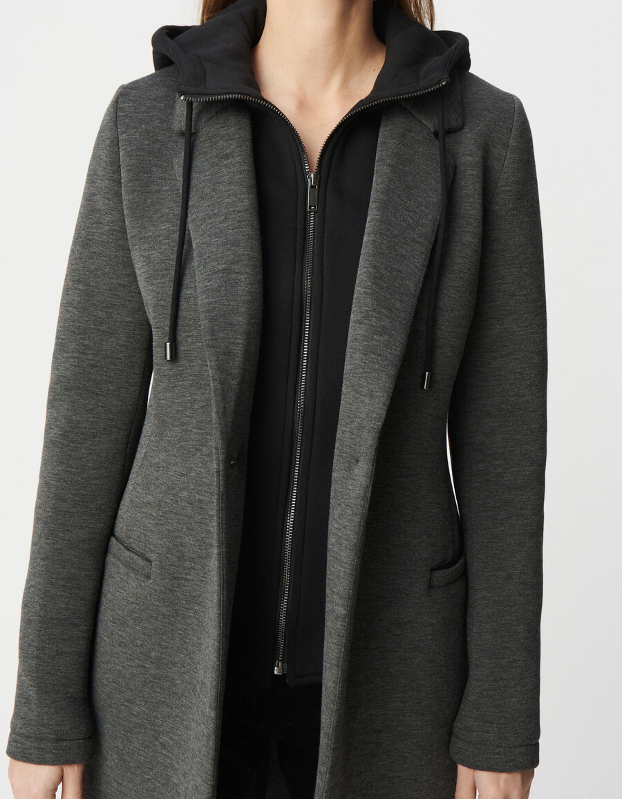 cappotto in neoprene grigio da donna con cappuccio rimovibile