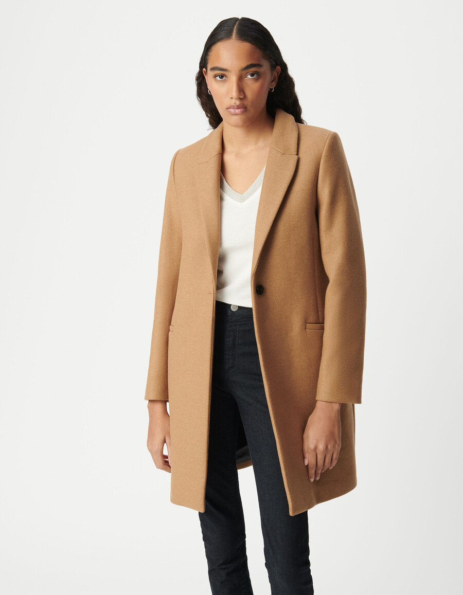 cappotto cammello di media lunghezza da donna con cappuccio staccabile