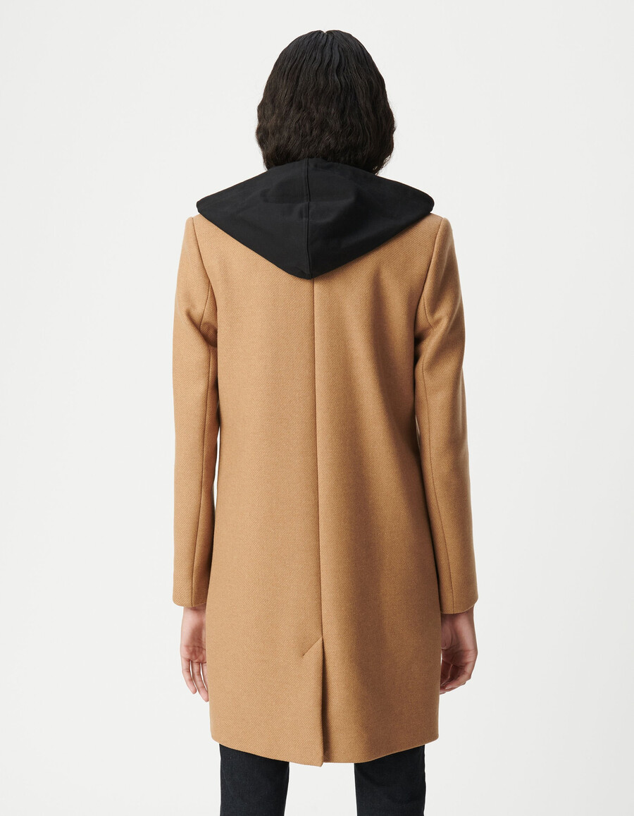 cappotto cammello di media lunghezza da donna con cappuccio staccabile