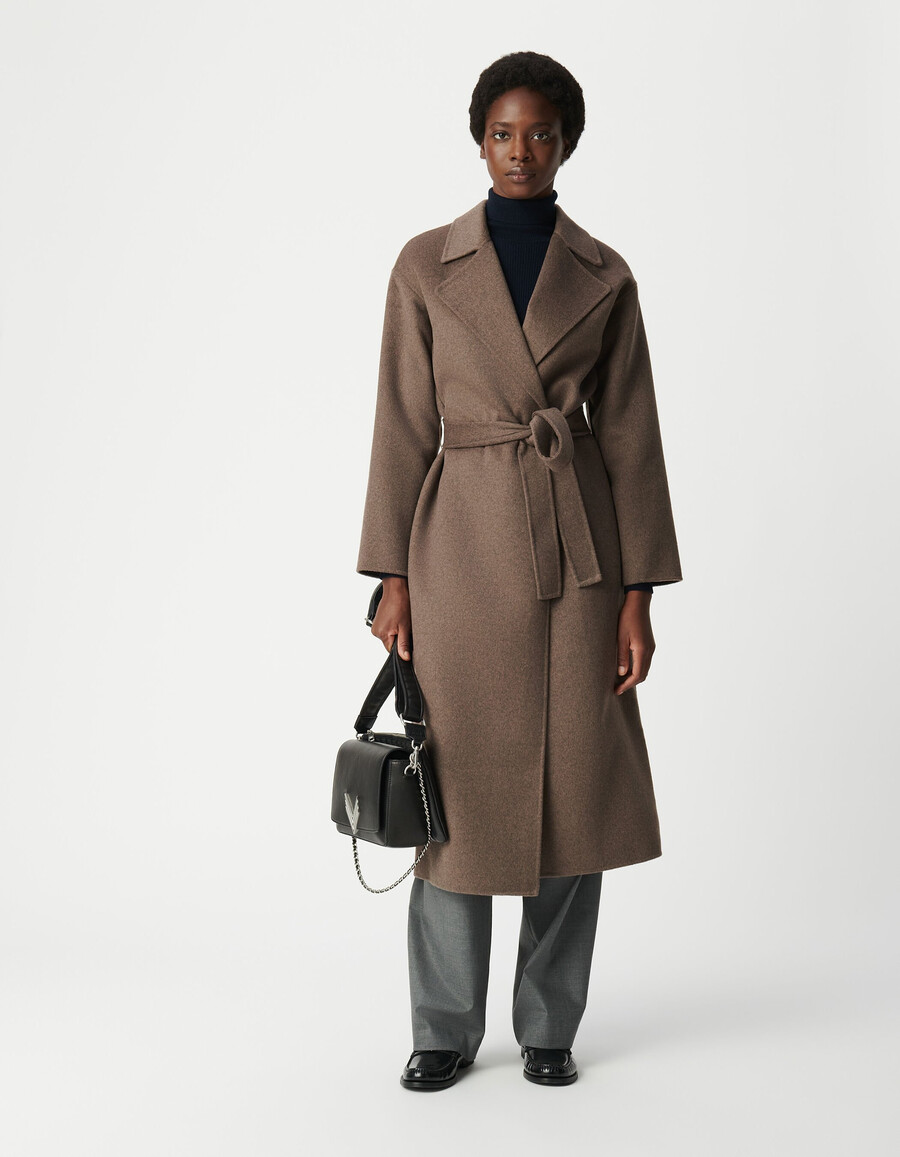 cappotto lungo beige con cintura da donna