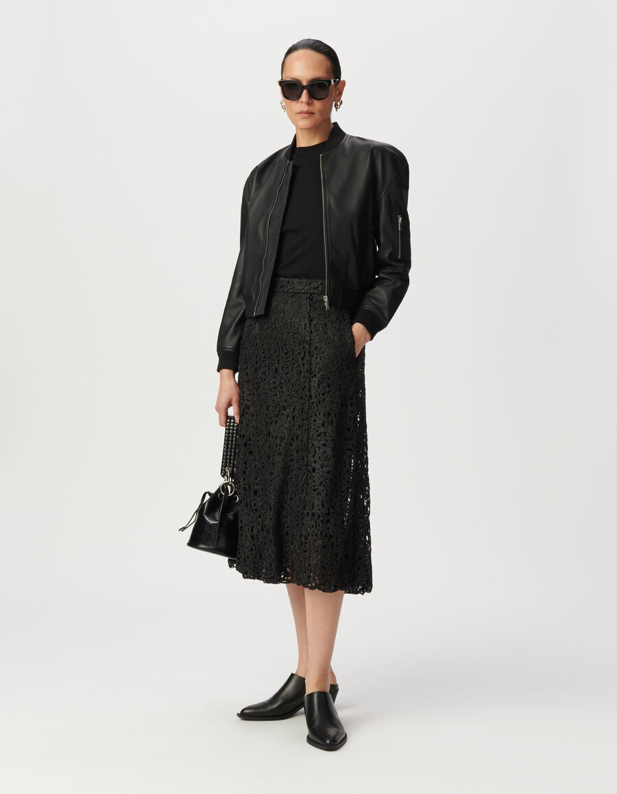 gonna midi a palloncino in pizzo metallizzato nero da donna