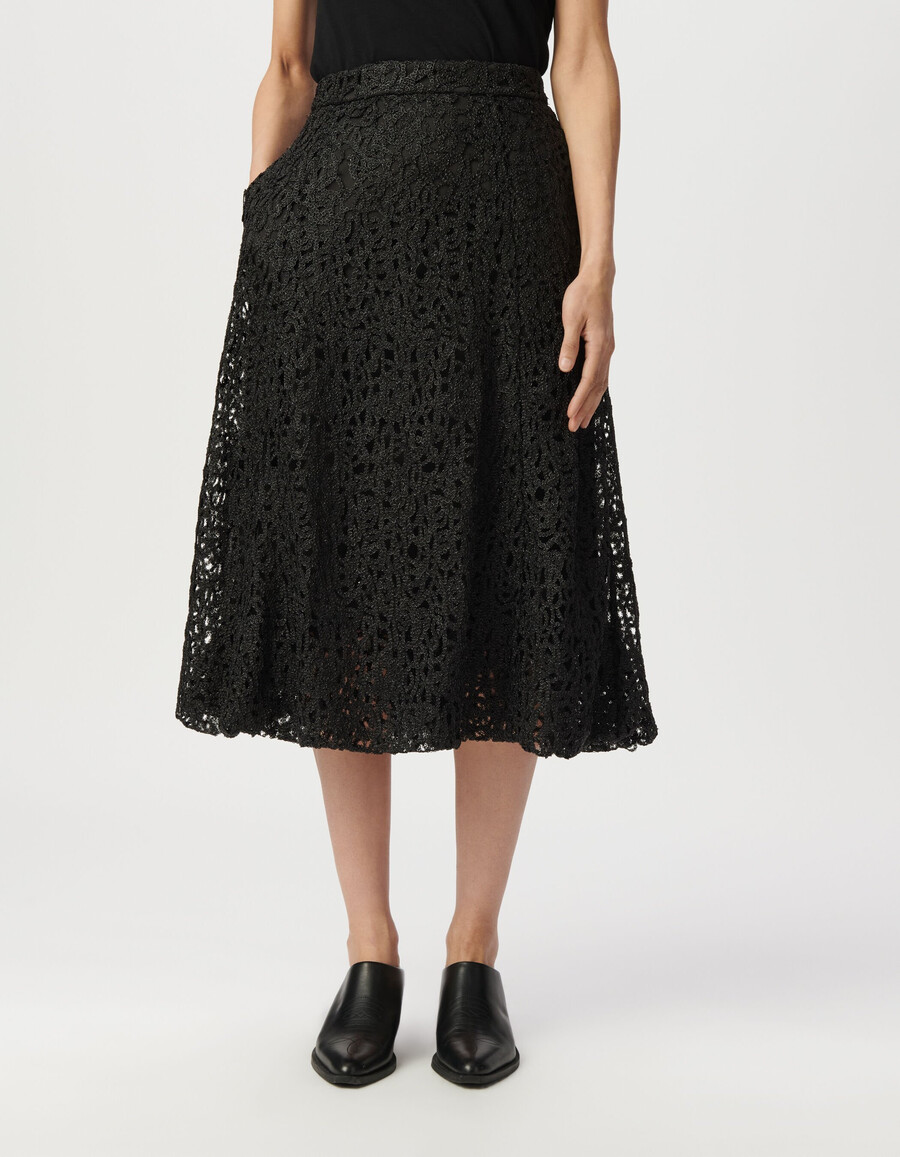 gonna midi a palloncino in pizzo metallizzato nero da donna