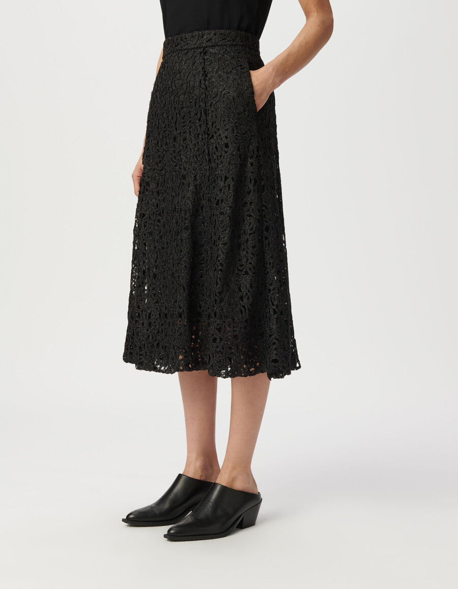 gonna midi a palloncino in pizzo metallizzato nero da donna