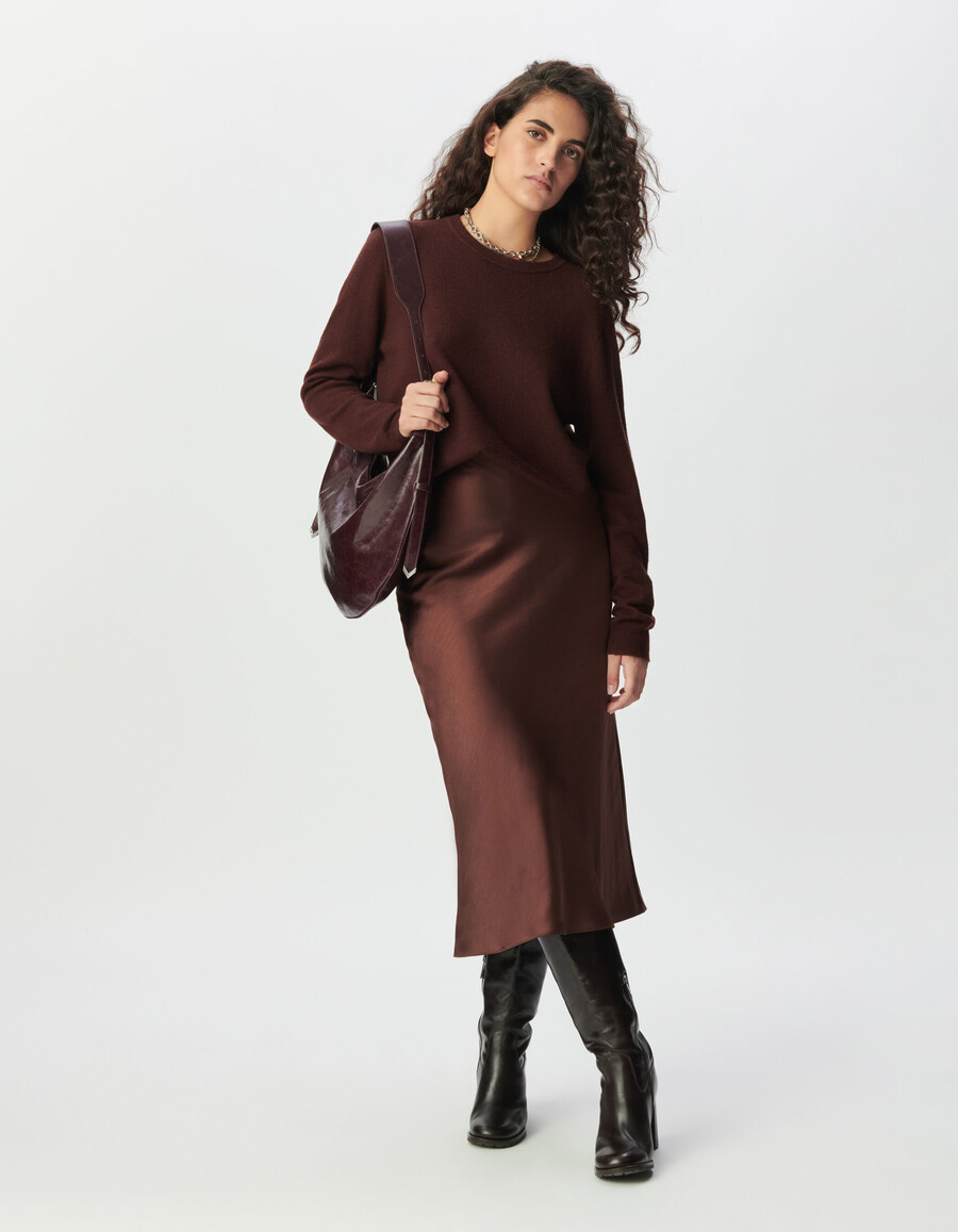 gonna midi in raso marrone da donna