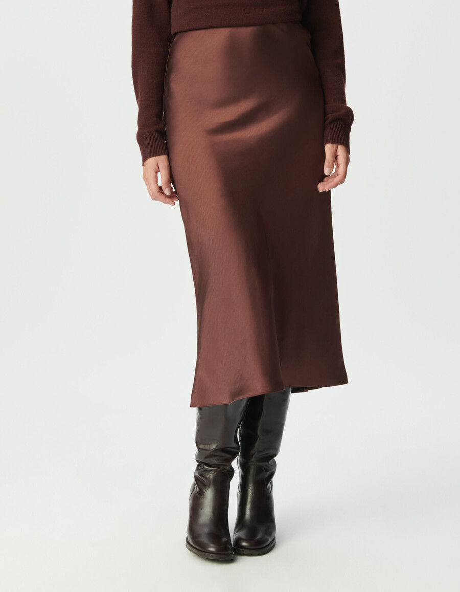 gonna midi in raso marrone da donna