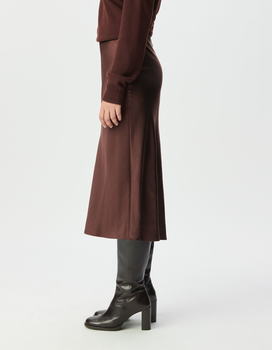 gonna midi in raso marrone da donna