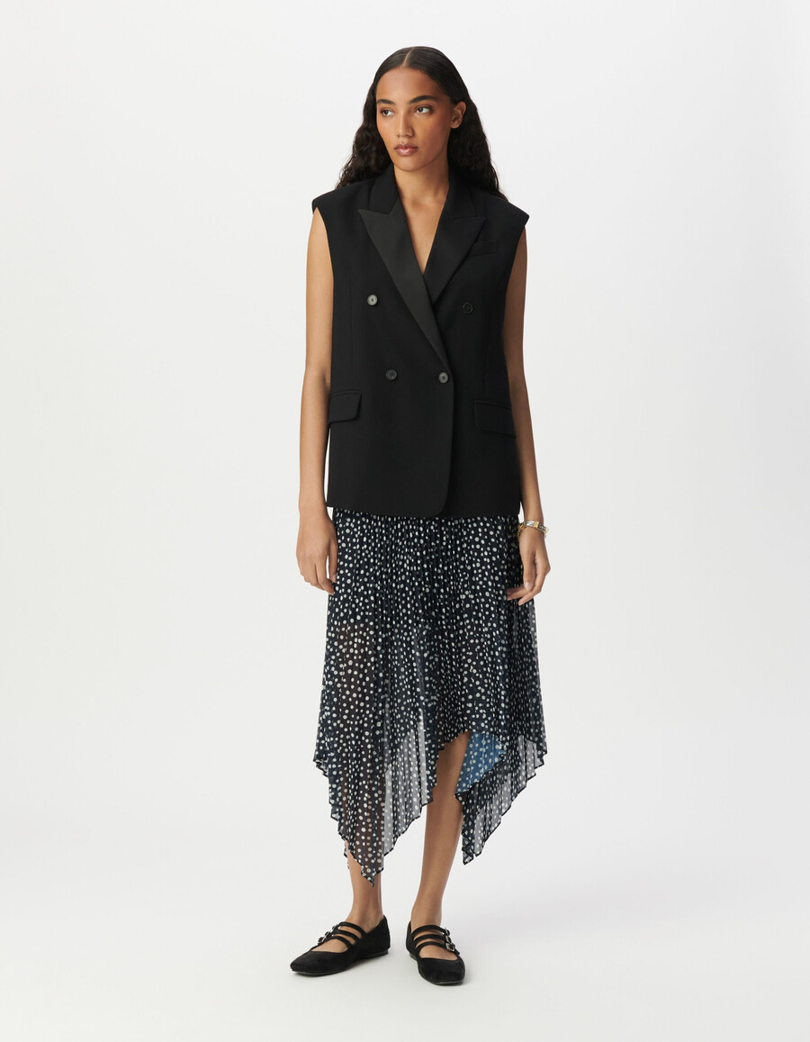 gonna lunga plissettata con stampa a pois blu navy da donna