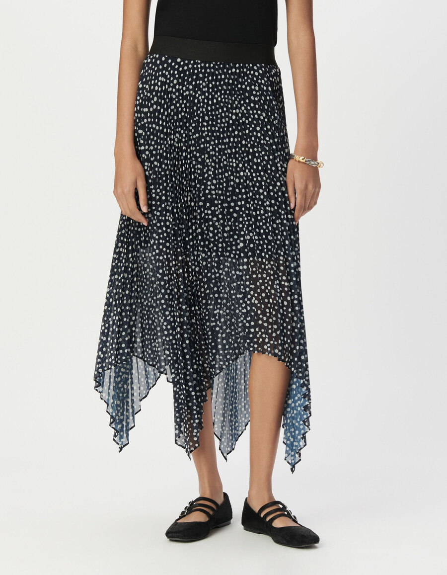 gonna lunga plissettata con stampa a pois blu navy da donna
