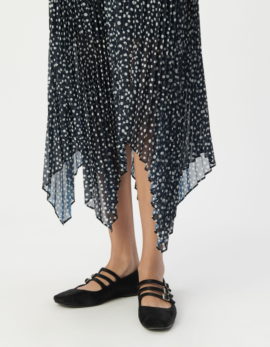 gonna lunga plissettata con stampa a pois blu navy da donna