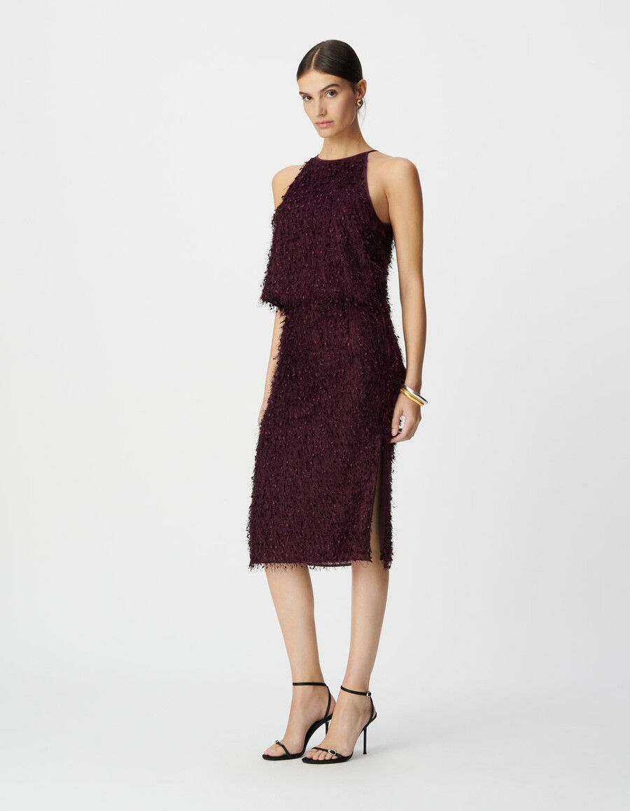 gonna a tubino con spacco effetto piuma bordeaux da donna