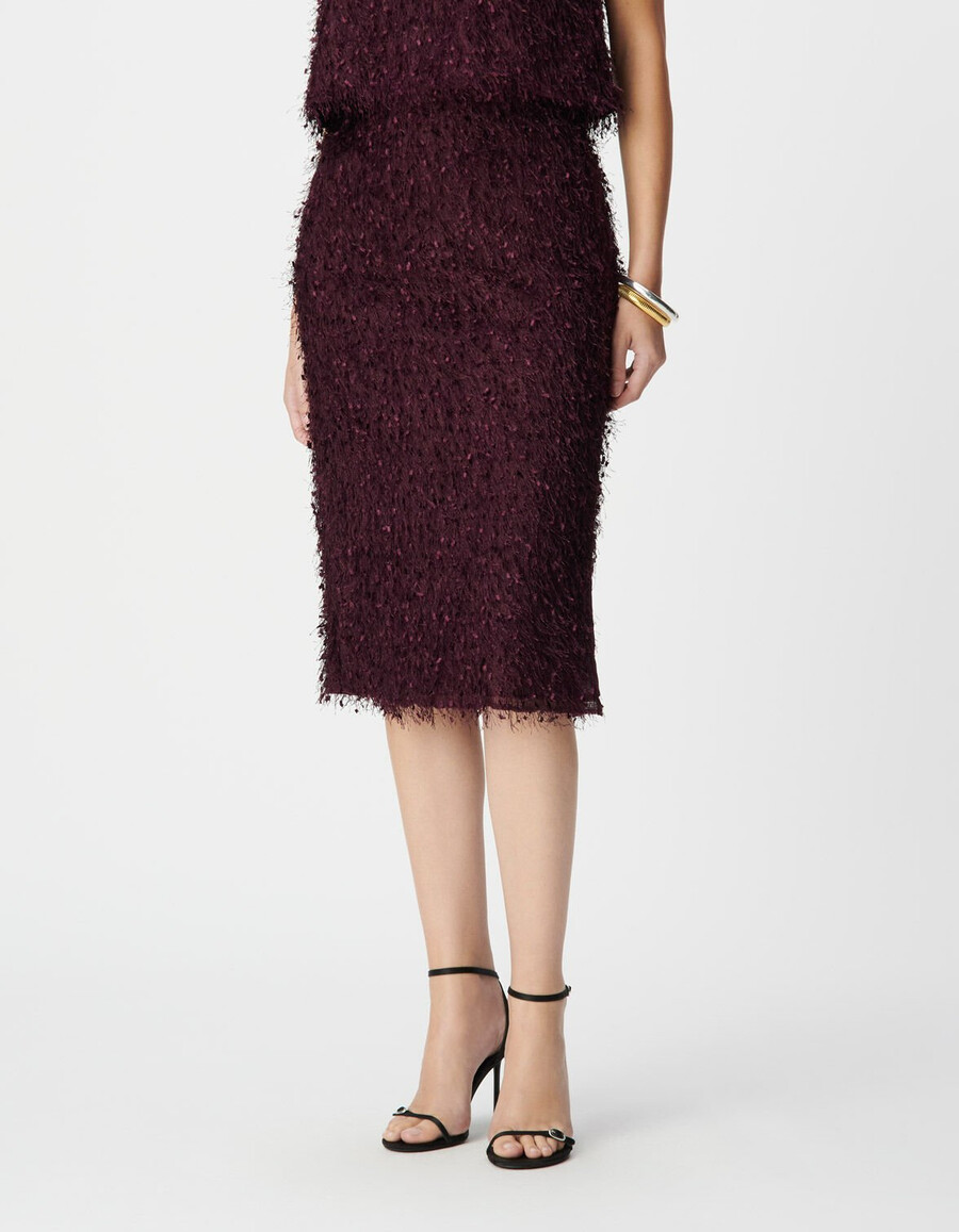 gonna a tubino con spacco effetto piuma bordeaux da donna