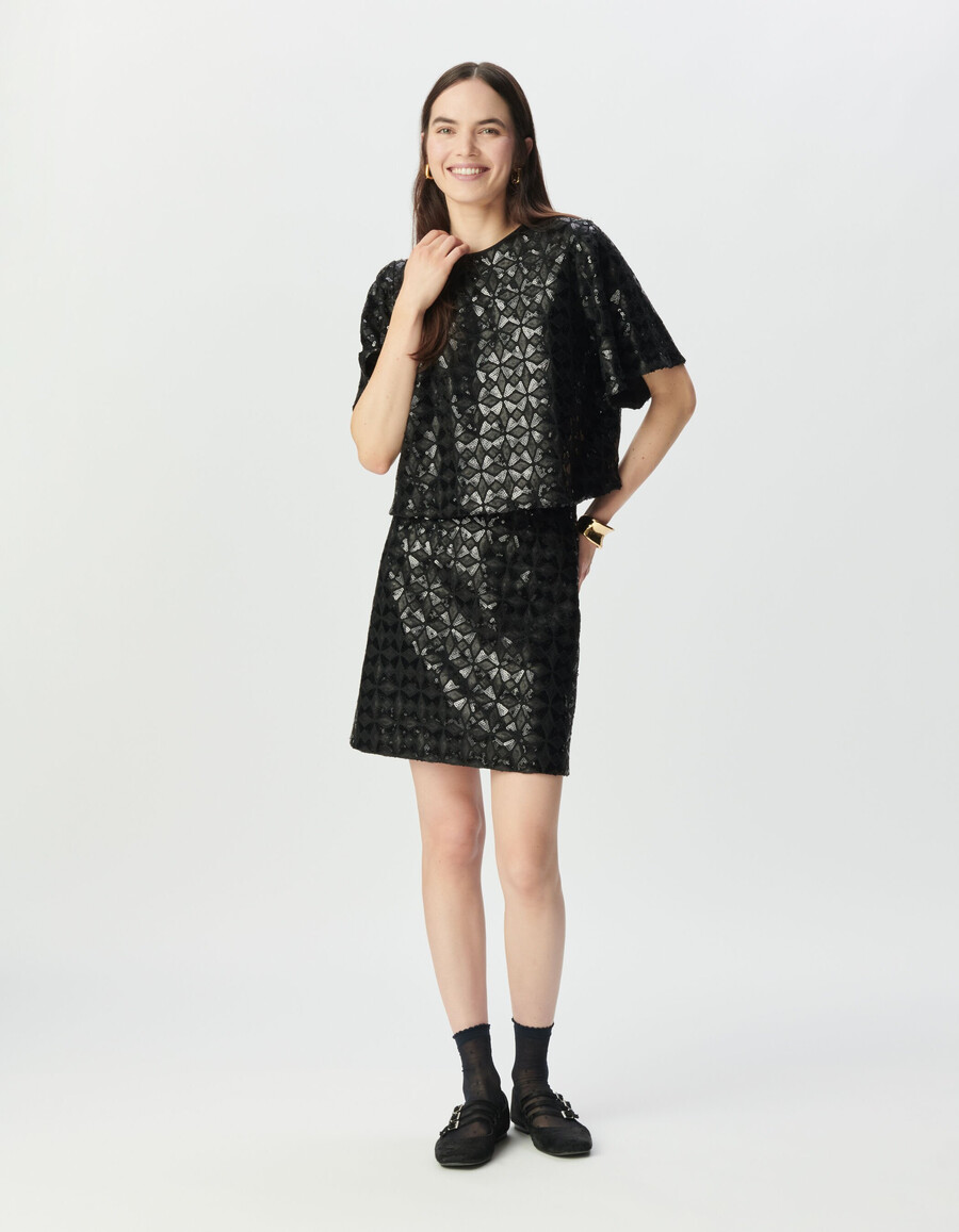 gonna nera da donna con ricamo grafico di paillettes