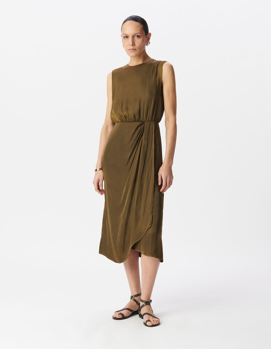 abito midi fluido in poliestere riciclato color cachi da donna