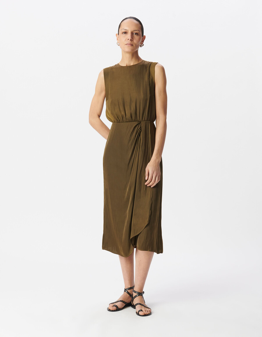 abito midi fluido in poliestere riciclato color cachi da donna