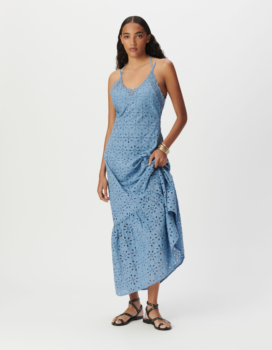 abito lungo da donna con spalline e ricami in occhielli blu