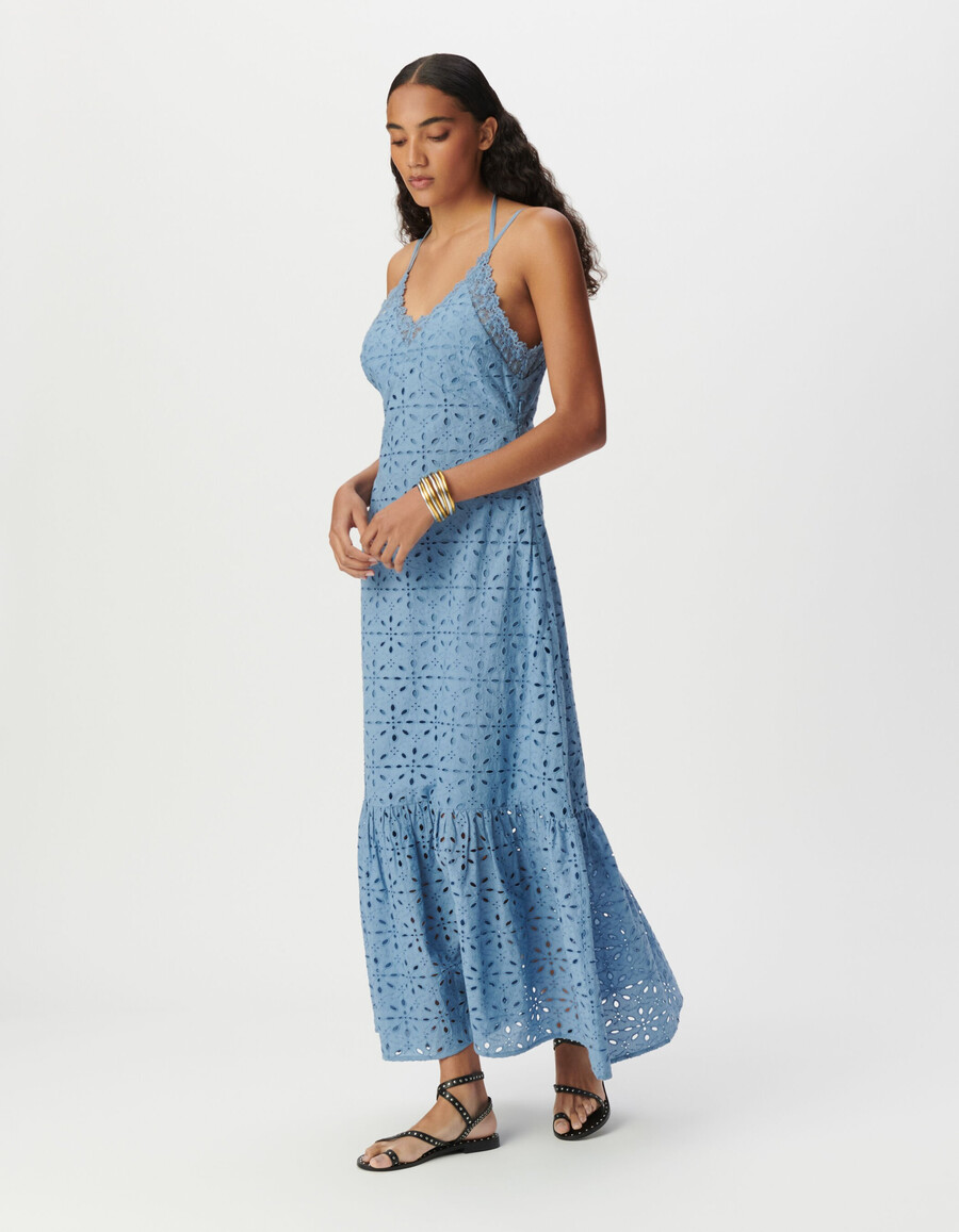 abito lungo da donna con spalline e ricami in occhielli blu