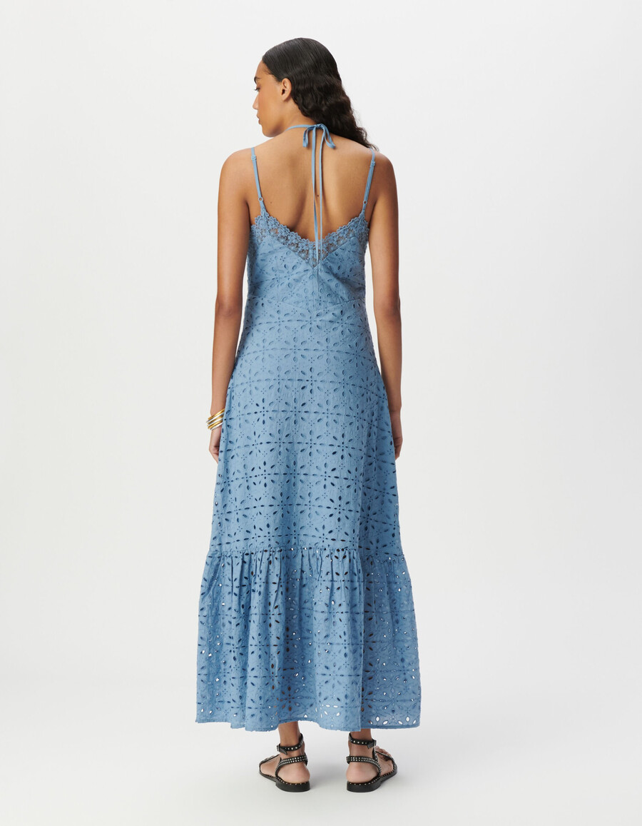 abito lungo da donna con spalline e ricami in occhielli blu