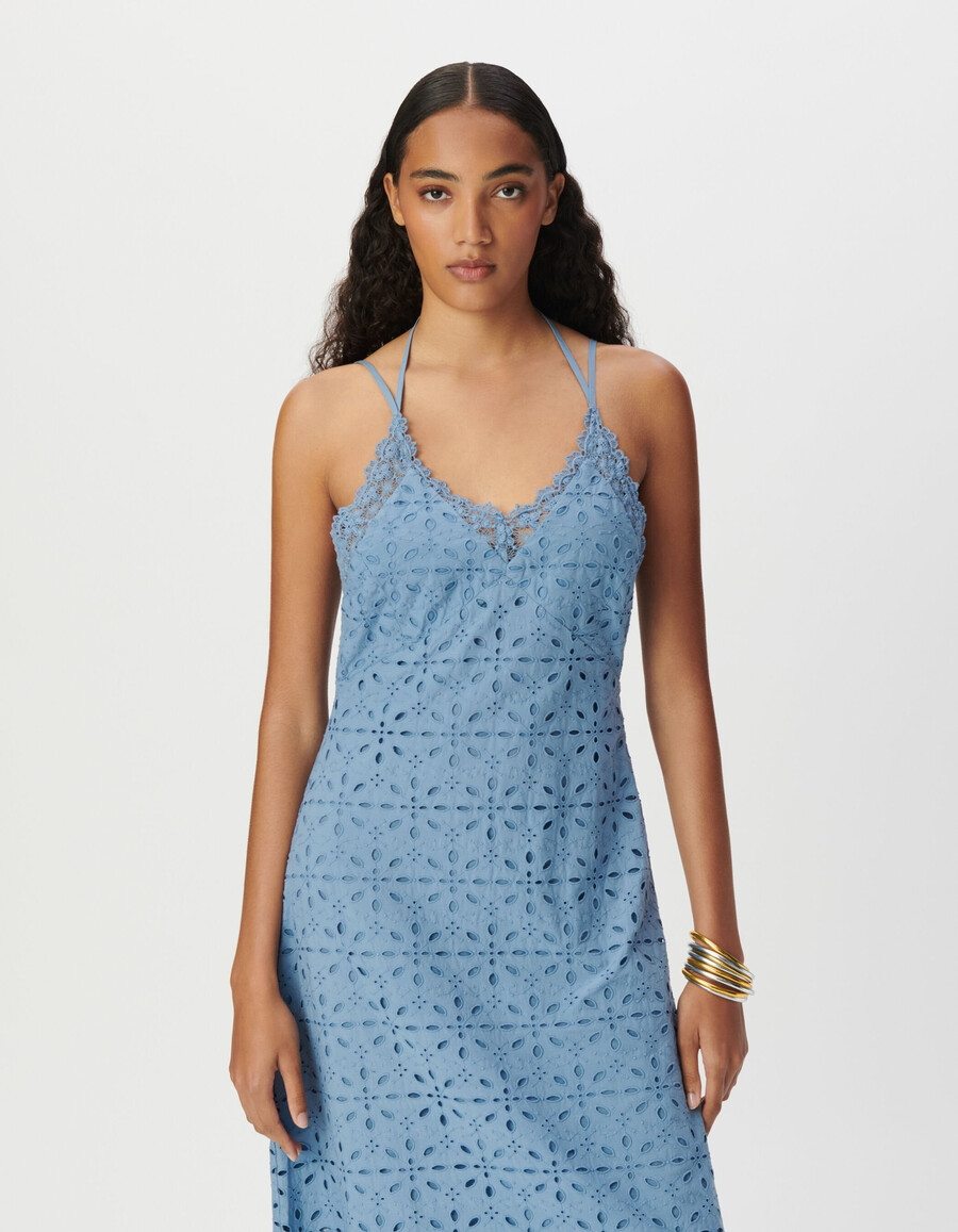 abito lungo da donna con spalline e ricami in occhielli blu