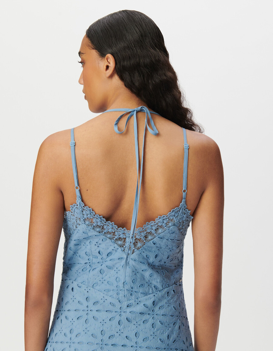 abito lungo da donna con spalline e ricami in occhielli blu