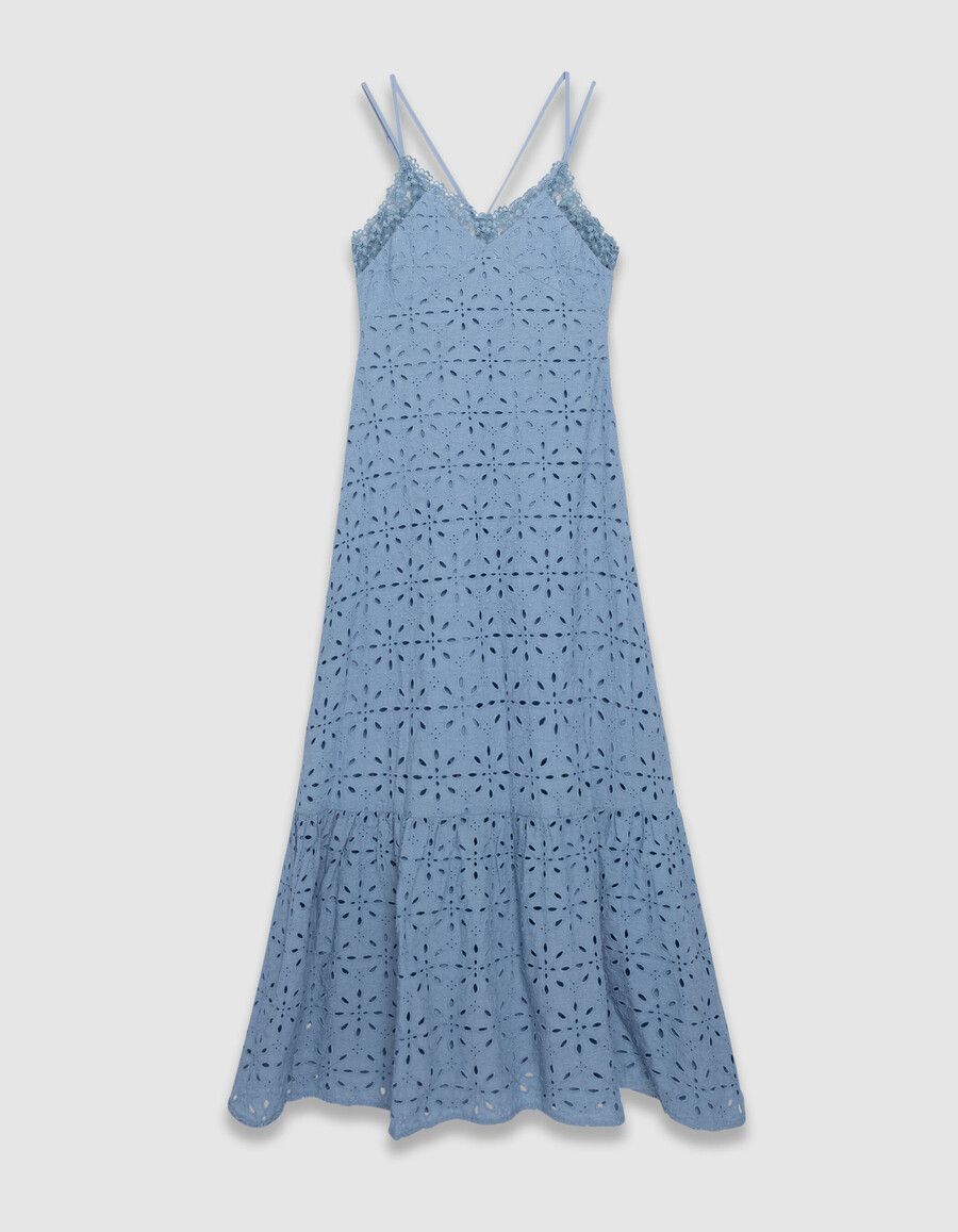 abito lungo da donna con spalline e ricami in occhielli blu