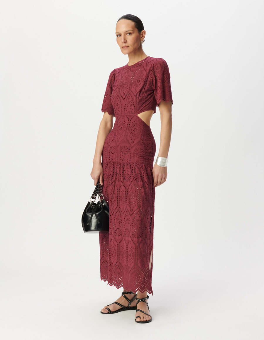 abito lungo da donna con schiena scoperta e ricamo in occhielli bordeaux