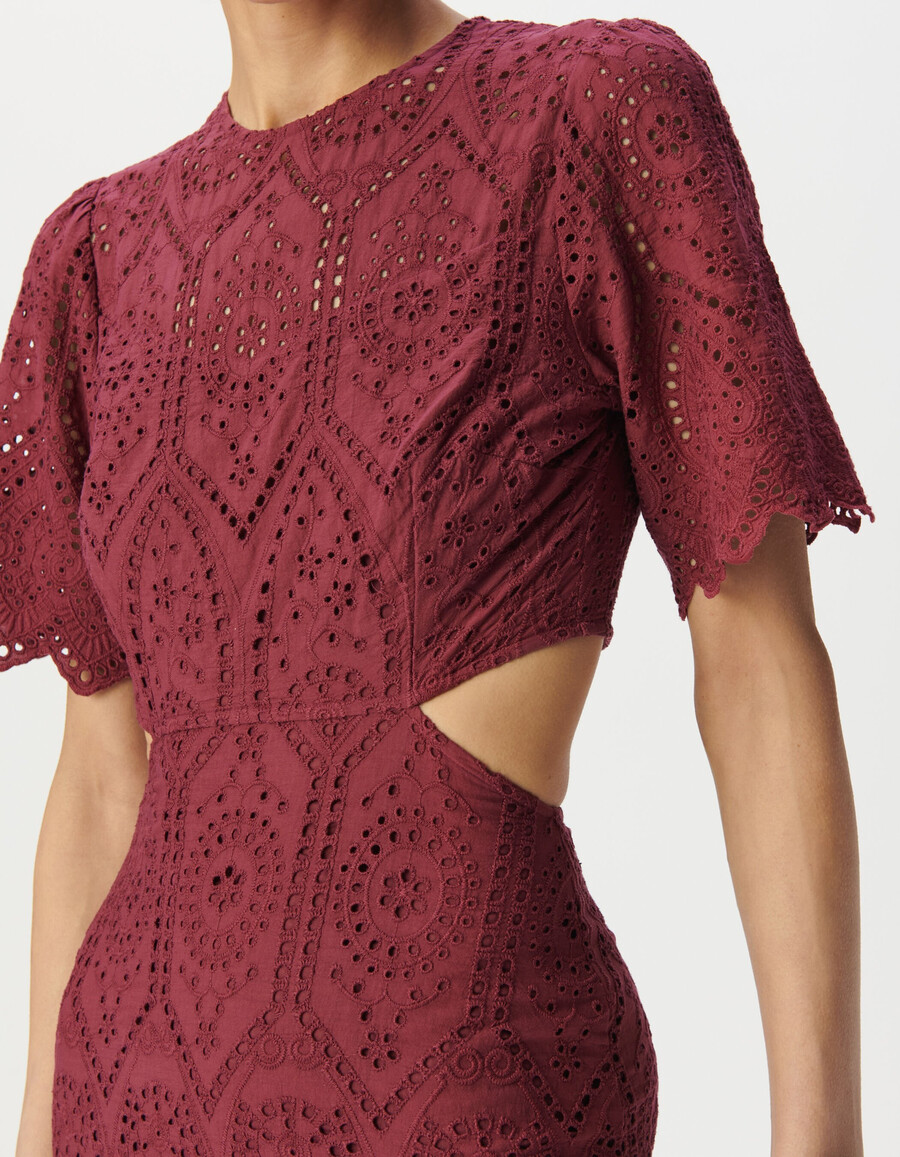 abito lungo da donna con schiena scoperta e ricamo in occhielli bordeaux