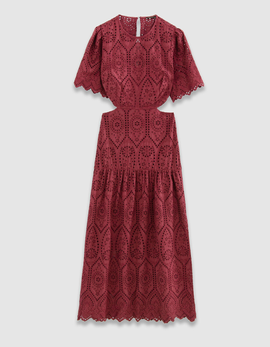 abito lungo da donna con schiena scoperta e ricamo in occhielli bordeaux