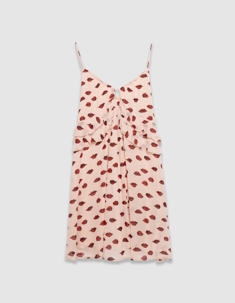 abito da donna in voile rosa con spalline e stampa a bocca