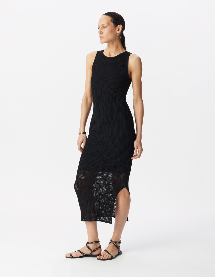abito tubino midi in maglia traforata nera da donna