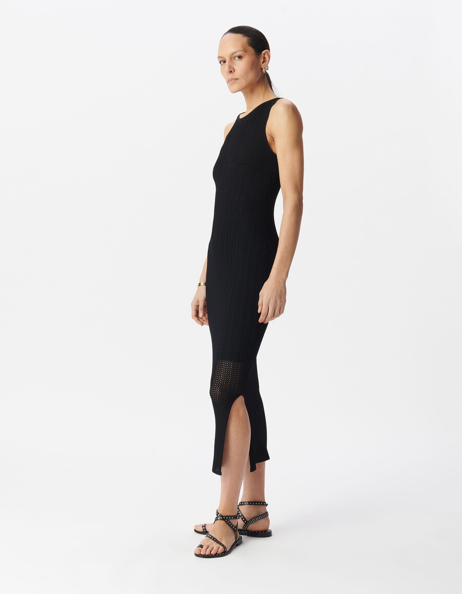abito tubino midi in maglia traforata nera da donna