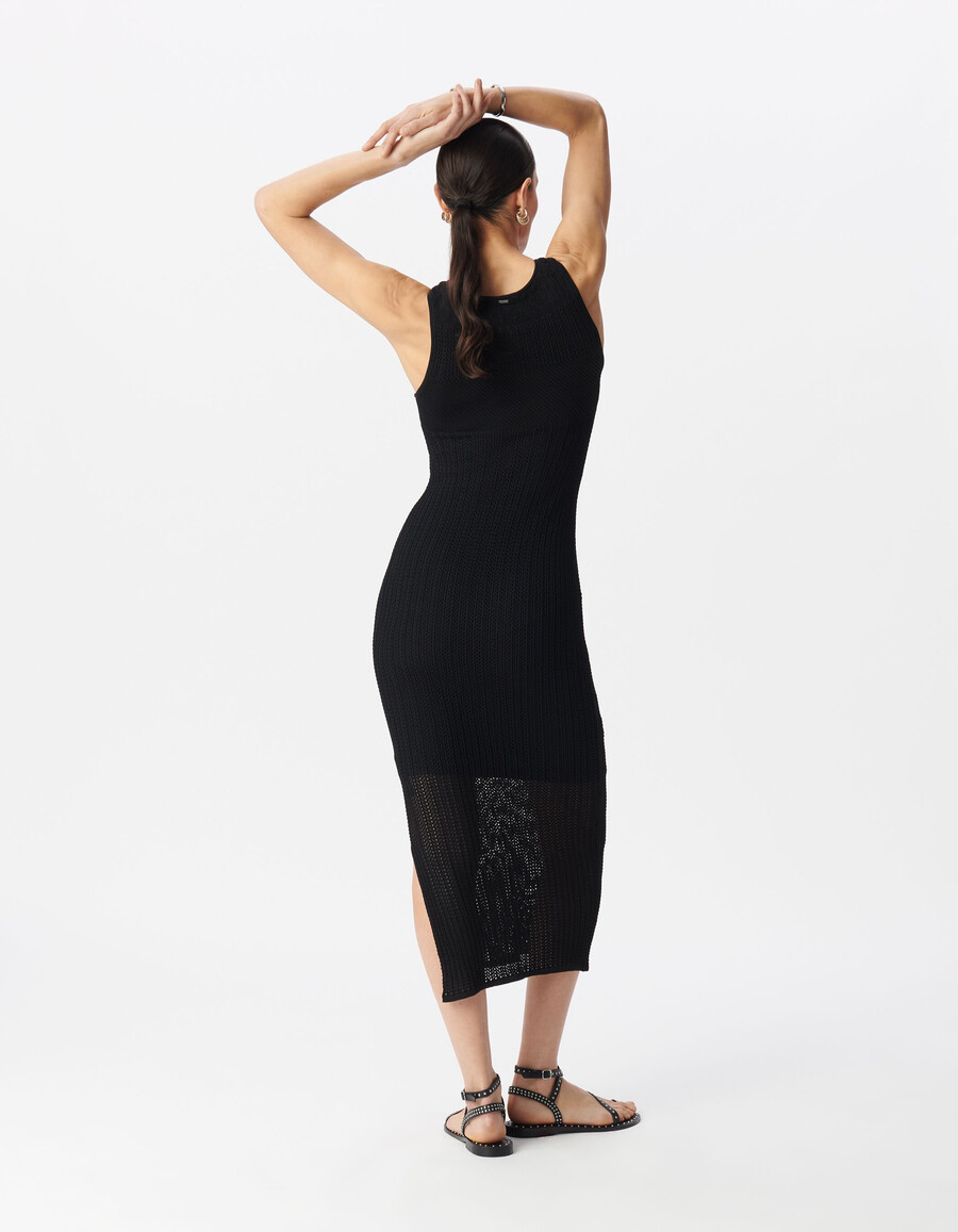 abito tubino midi in maglia traforata nera da donna