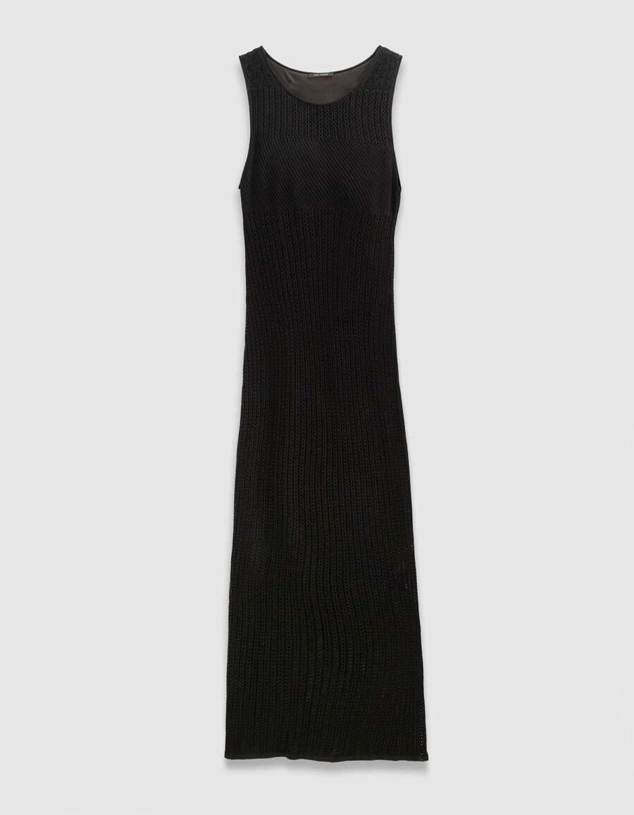 abito tubino midi in maglia traforata nera da donna