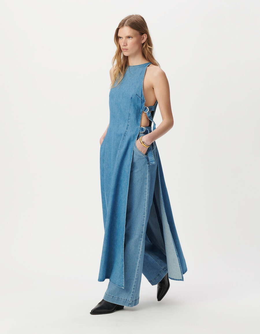 abito lungo in denim senza maniche con lati aperti