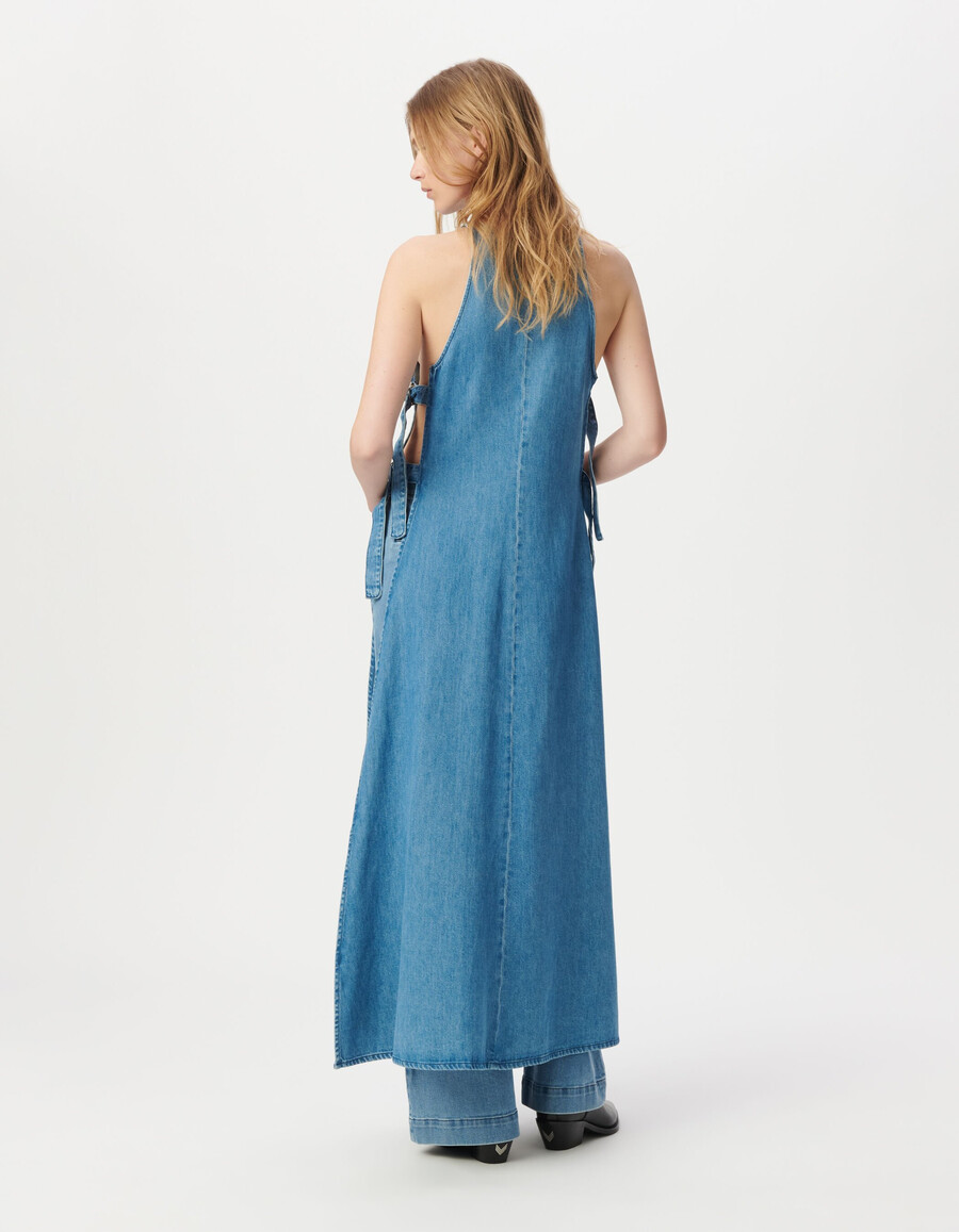 abito lungo in denim senza maniche con lati aperti