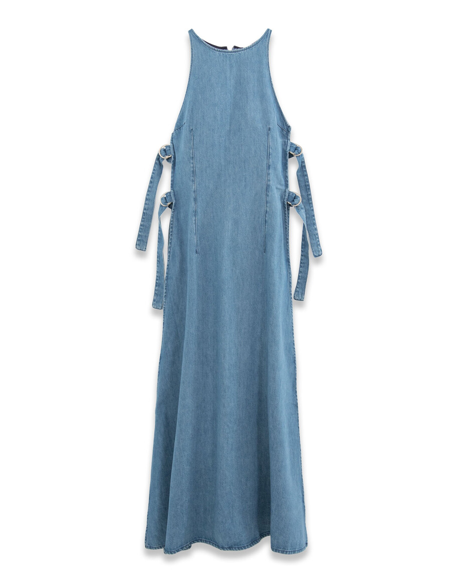 abito lungo in denim senza maniche con lati aperti
