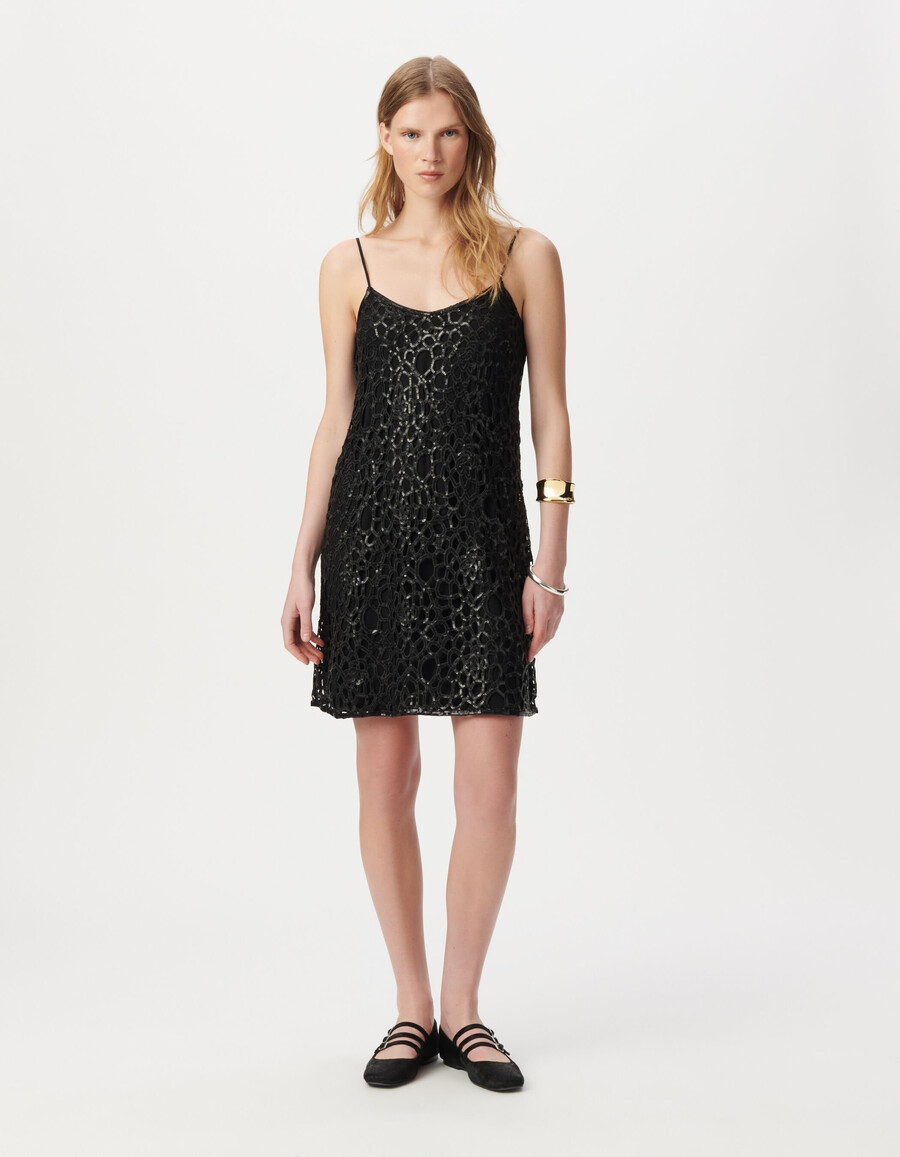 abito corto da donna in pizzo nero con ricami di paillettes