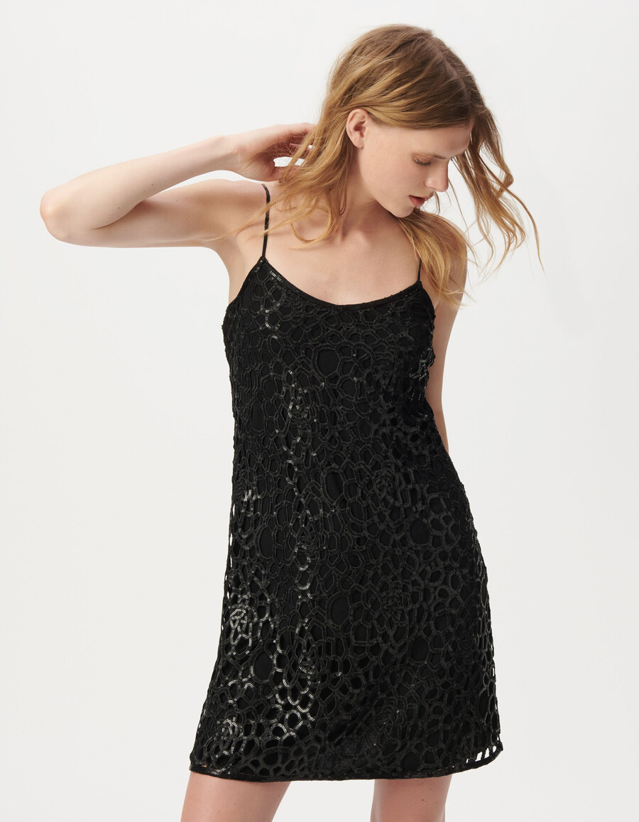 abito corto da donna in pizzo nero con ricami di paillettes