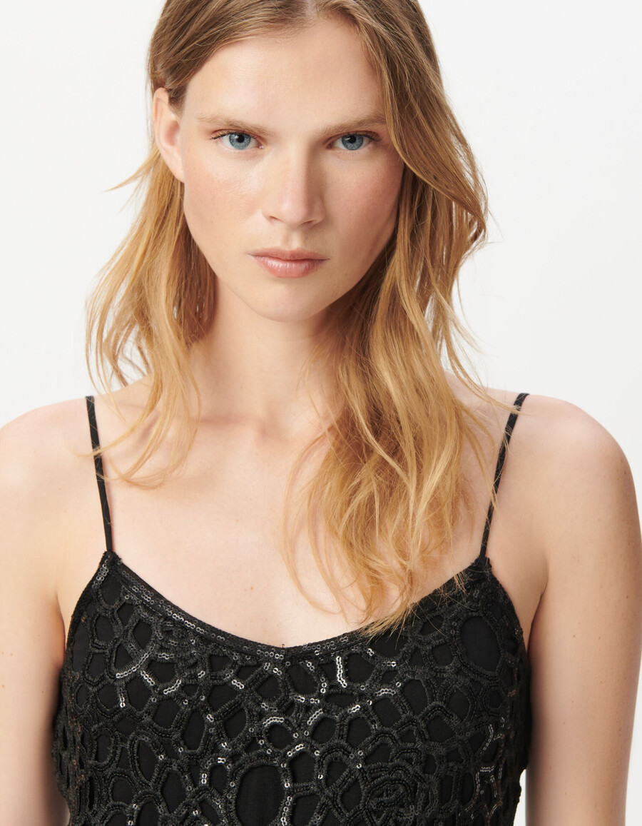abito corto da donna in pizzo nero con ricami di paillettes