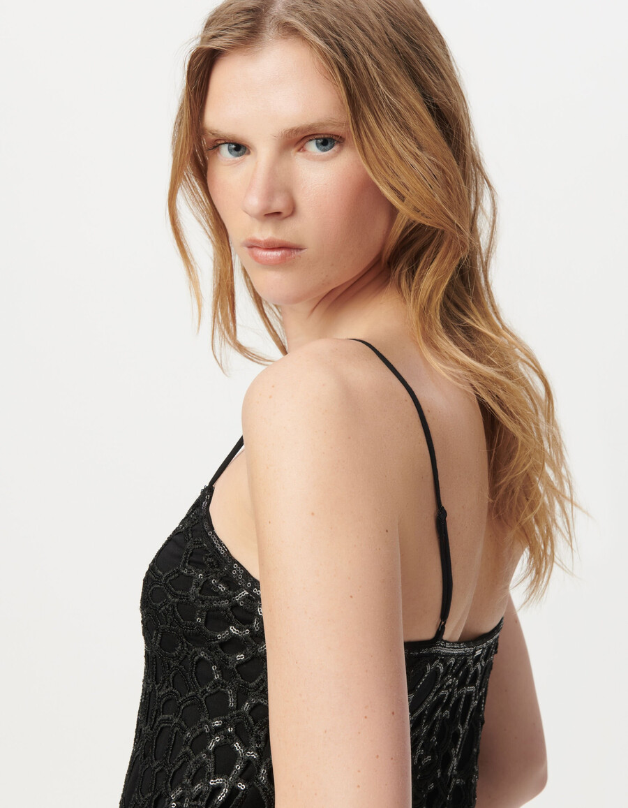 abito corto da donna in pizzo nero con ricami di paillettes