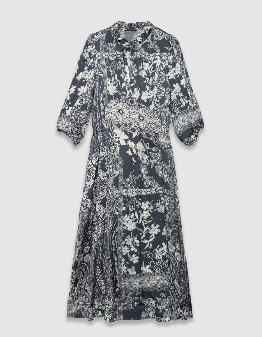 abito lungo da donna in raso grigio blu con stampa a sciarpa