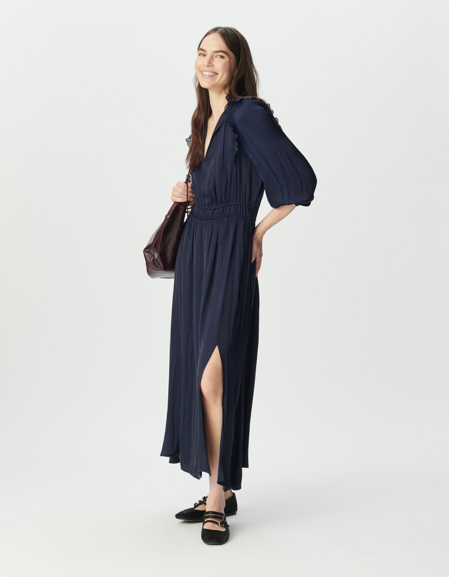 abito da donna blu navy fluido con volant plissettati