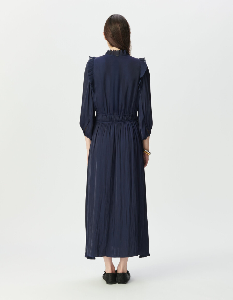 abito da donna blu navy fluido con volant plissettati